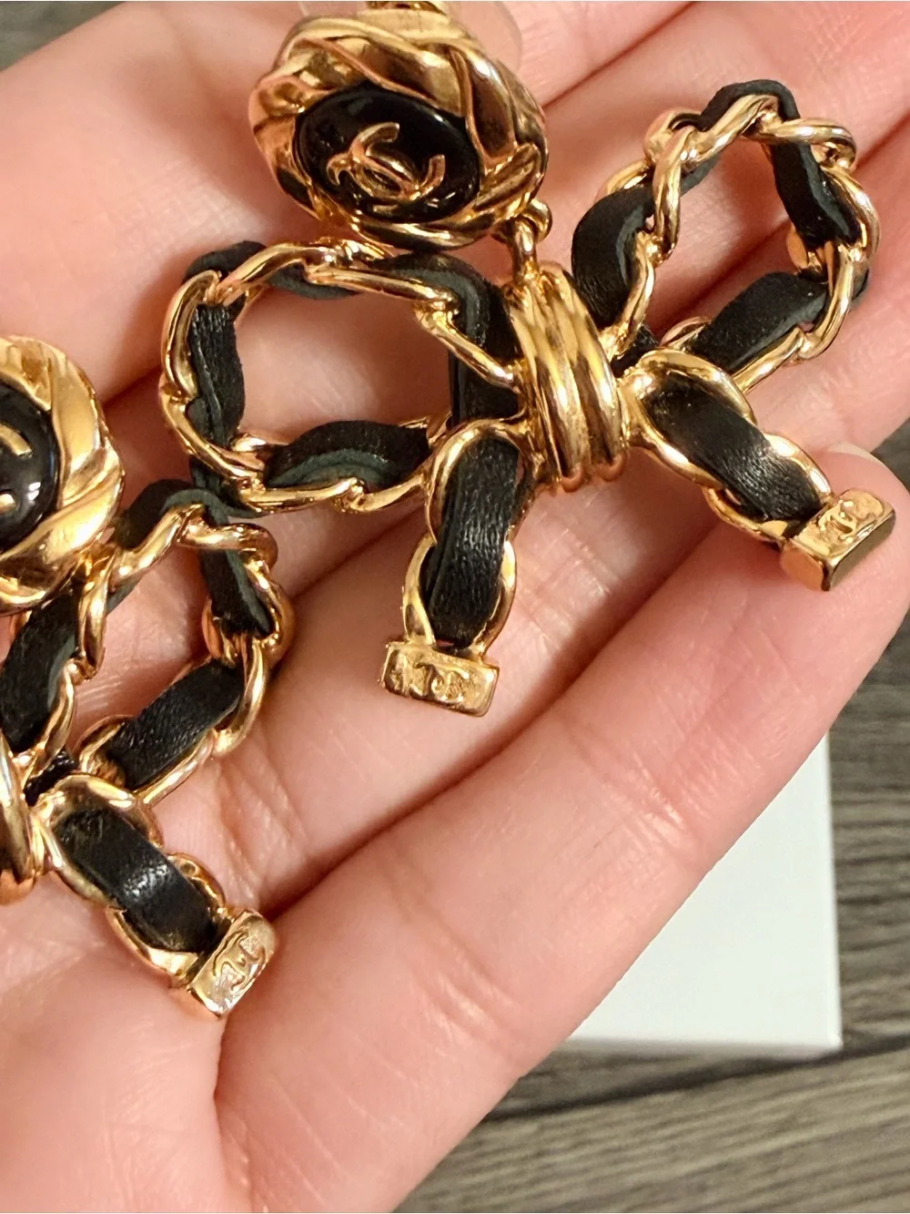 CHANEL Leather Bow CC Gold Dangle Earrings